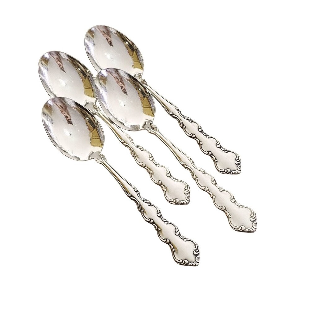 4 Oneida Deluxe Mozart Soup Spoons scalloped edge baroque scrolls 80s vtg stainl